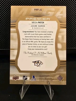 Juuse Saros 2021-22 UD Premier Mega Patch Sleeve Number Nashville Predators 4/6 back